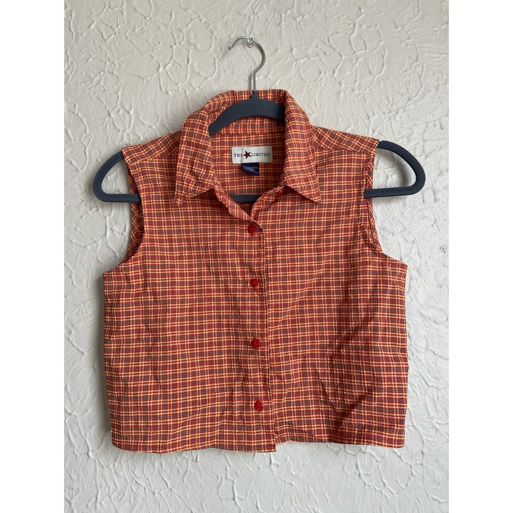 Vintage Collared Gingham Sleeveless Cropped Button Down Western Cowgirl Top S/M